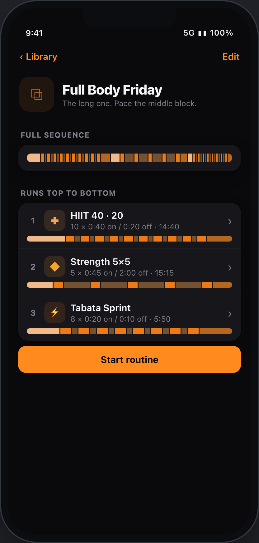 FTNSS routine Full Body Friday: HIIT 40/20, Strength 5x5 then Tabata Sprint, 35:45
