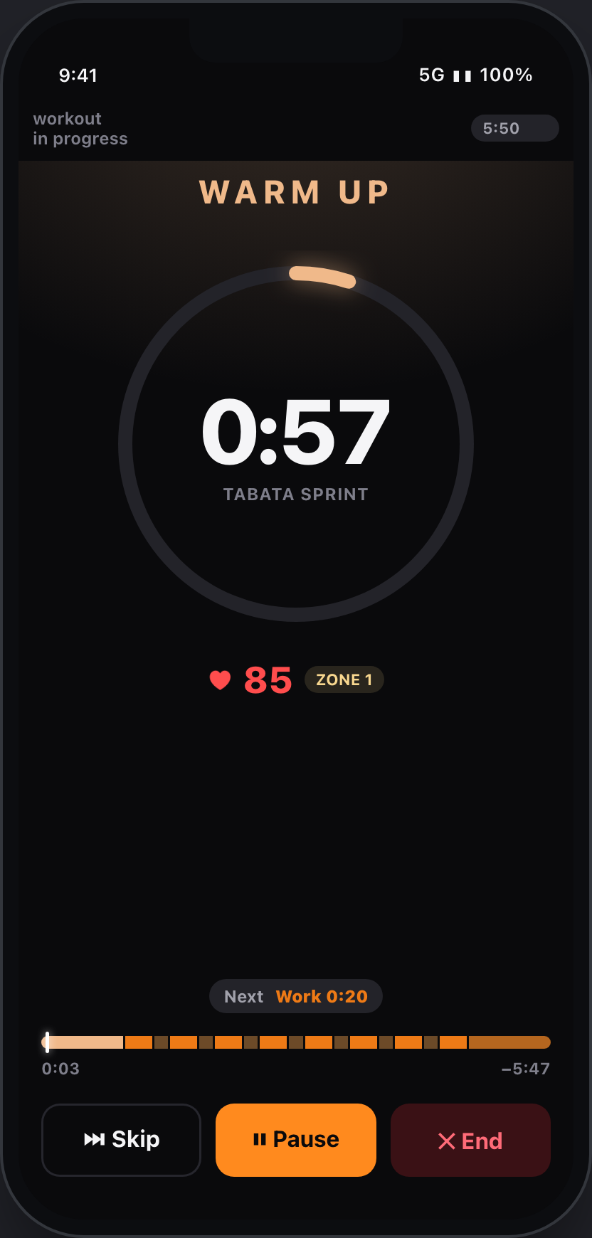 FTNSS running a Tabata Sprint with a live countdown ring and heart rate