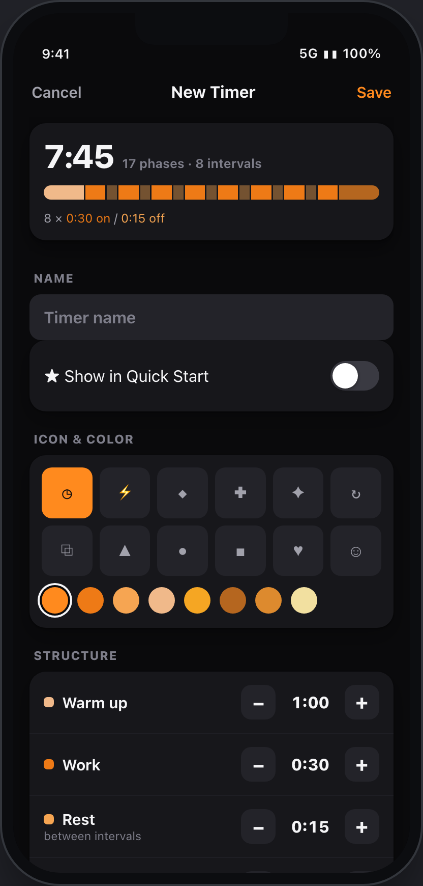 FTNSS New Timer: warm up, work, rest, rounds, round cooldown and final cool down steppers
